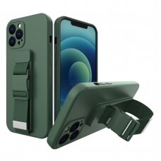 Iphone 12 Mini Dėklas su dirželiu Rope case gel TPU Tamsiai žalias