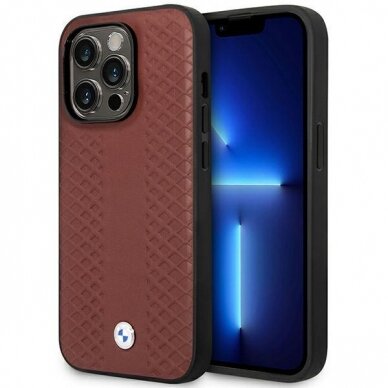 Dėklas BMW Leather Diamond Pattern BMHMP14L22RFGR iPhone 14 Pro Bordo (MagSafe)