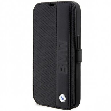 Dėklas BMW Leather Textured&amp Stripe BMBKP14X22RDPK iPhone 14 Pro Max Juodas