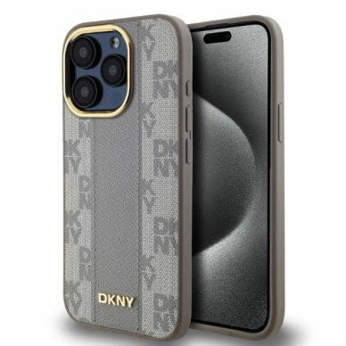 Dėklas DKNY Leather Checkered Mono Pattern MagSafe iPhone 15 Pro Max  - Smėlinis