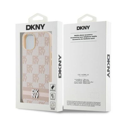 Dėklas DKNY Leather Checkered Mono PatternPrinted StripesiPhone 15 / 14 / 13 - Rožinis 7