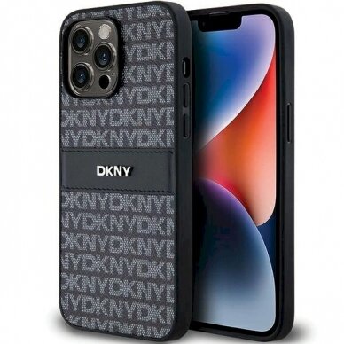 Dėklas DKNY Leather Mono StripeMetal LogoiPhone 14 Pro - Juodas