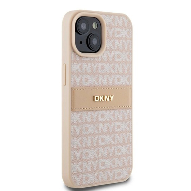 Dėklas DKNY Leather Mono StripeMetal LogoiPhone 15 / 14 / 13 - Rožinis 3