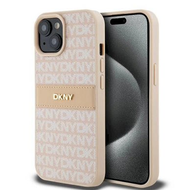 Dėklas DKNY Leather Mono StripeMetal LogoiPhone 15 / 14 / 13 - Rožinis