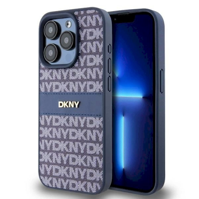 Dėklas DKNY Leather Mono StripeMetal LogoiPhone 15 Pro - Mėlynas