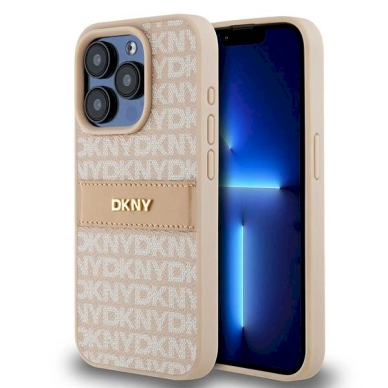 Dėklas DKNY Leather Mono StripeMetal LogoiPhone 15 Pro - Rožinis