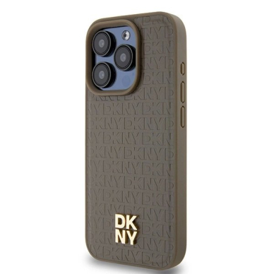 Dėklas DKNY Leather Monogram Pattern Metal Logo MagSafeiPhone 15 Pro - Rudas 1