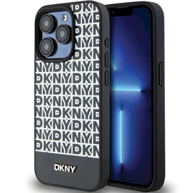 Dėklas DKNY Leather Printed Pattern Metal Logo MagSafeiPhone 15 Pro - Juodas