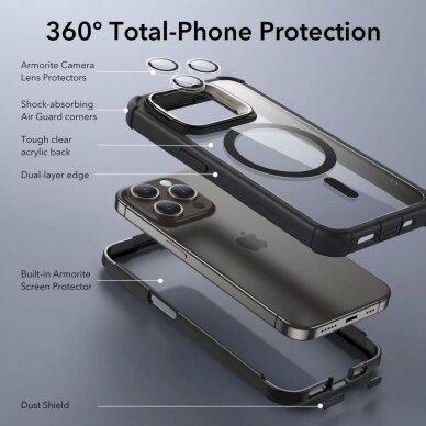 Dėklas ESR Armor Tough Kickstand Halolock Case su MagSafe skirta iPhone 15 Pro - Permatomas &amp  Juodas 7