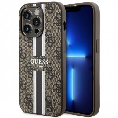 Dėklas Guess 4G Printed Stripes MagSafe GUHMP14LP4RPSW iPhone 14 Pro Rudas