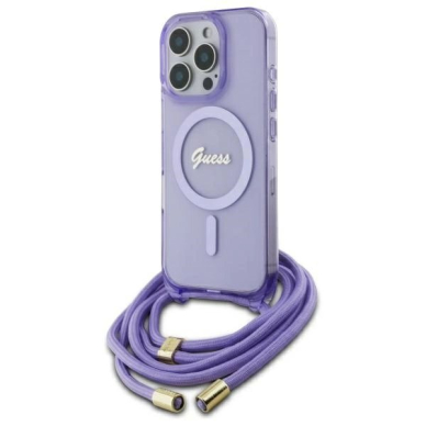 Dėklas Guess Crossbody Cord Script MagSafe  iPhone 16 Pro Max - Violetinis