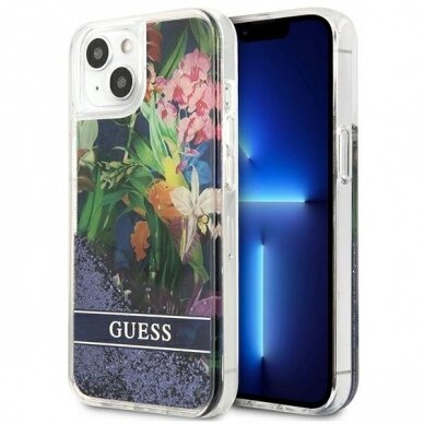 Dėklas Guess Flower Liquid Glitter GUHCP13SLFLSB iPhone 13 mini Mėlynas