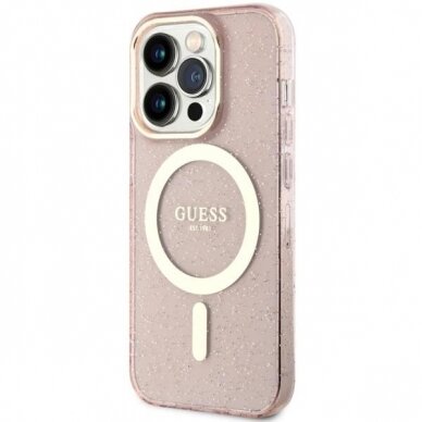 Dėklas Guess Glitter Gold MagSafe GUHMP14LHCMCGP iPhone 14 Pro Rožinis 1