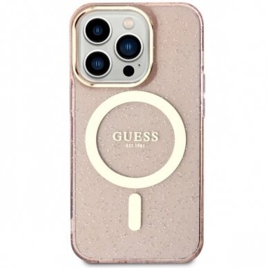 Dėklas Guess Glitter Gold MagSafe GUHMP14LHCMCGP iPhone 14 Pro Rožinis 2