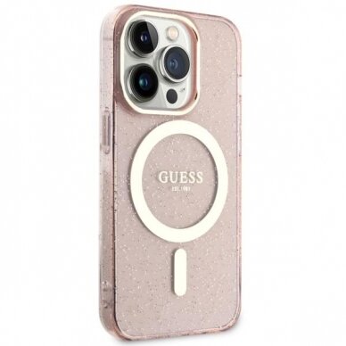 Dėklas Guess Glitter Gold MagSafe GUHMP14LHCMCGP iPhone 14 Pro Rožinis 3