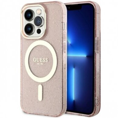 Dėklas Guess Glitter Gold MagSafe GUHMP14LHCMCGP iPhone 14 Pro Rožinis