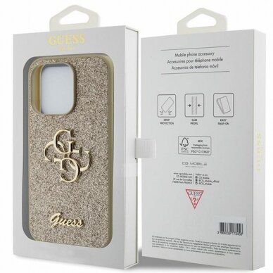 Dėklas Guess Glitter Script Big 4G   iPhone 15 Pro - Auksinis 7