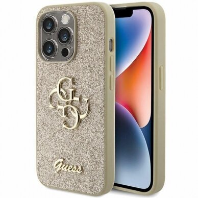 Dėklas Guess Glitter Script Big 4G   iPhone 15 Pro - Auksinis