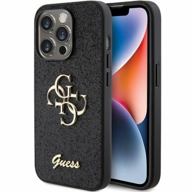 Dėklas Guess Glitter Script Big 4G   iPhone 15 Pro - Juodas