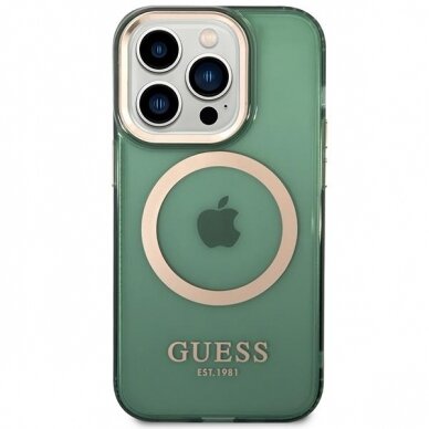 Dėklas Guess Gold Outline Translucent MagSafe GUHMP14LHTCMA iPhone 14 Pro Žalias 2