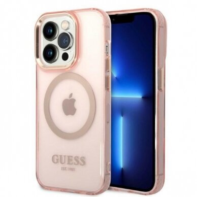 Dėklas Guess Gold Outline Translucent MagSafe GUHMP14LHTCMP iPhone 14 Pro Rožinis