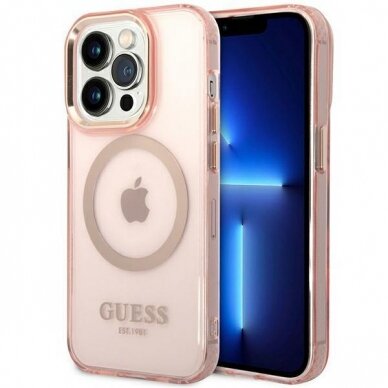 Dėklas Guess Gold Outline Translucent MagSafe GUHMP14XHTCMP iPhone 14 Pro Max Rožinis