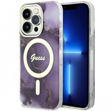 Dėklas Guess Golden Marble MagSafe GUHMP14LHTMRSU iPhone 14 Pro Purpurinis