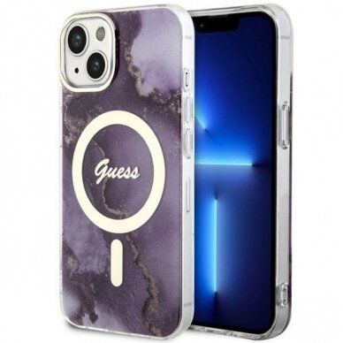 Dėklas Guess Golden Marble MagSafe GUHMP14SHTMRSU iPhone 14 Purpurinis