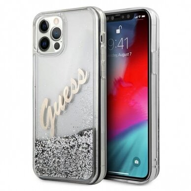 Dėklas Guess GUHCP12LGLVSSI Glitter Vintage Script iPhone 12 Pro Max 6,7" Sidabrinis