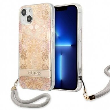 Dėklas Guess GUHCP13SHFLSD iPhone 13 mini Flower Strap Auksinis