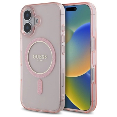 Dėklas Guess GUHMP16SHFGEREP iPhone 16 6.1 Rožinis/Rožinis hard IML Glitter Circle MagSafe