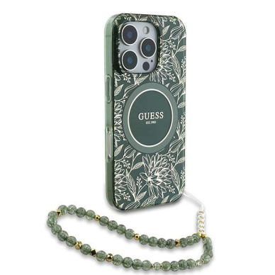 Dėklas Guess IML Flowers Allover Electro With Pearl Strap MagSafe  iPhone 16 Pro - Žalias 2