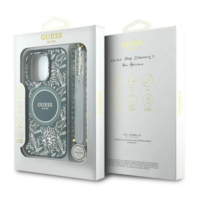 Dėklas Guess IML Flowers Allover Electro With Pearl Strap MagSafe  iPhone 16 Pro - Žalias 6