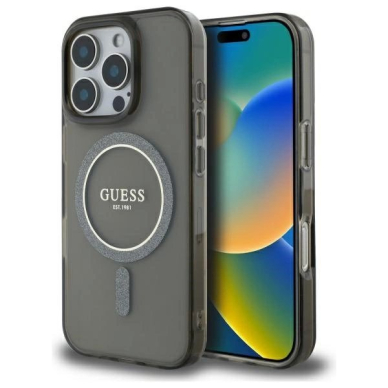 Dėklas Guess IML Glitter Circle MagSafe  iPhone 16 Pro - Juodas