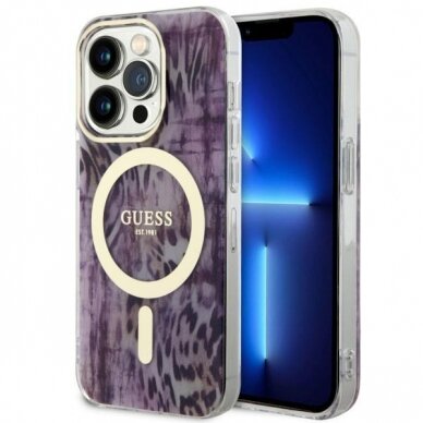 Dėklas Guess Leopard MagSafe GUHMP14LHLEOPWP iPhone 14 Pro Rožinis