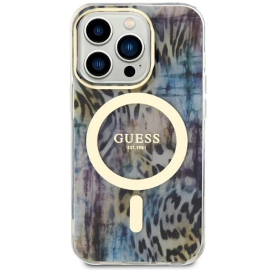 Dėklas Guess Leopard MagSafe GUHMP14XHLEOPWB iPhone 14 Pro Max Mėlynas 2