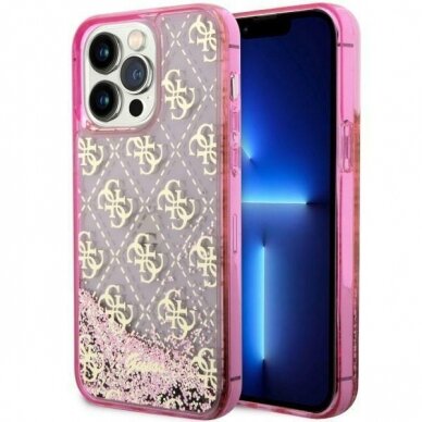 Dėklas Guess Liquid Glitter 4G Transculent GUHCP14LLC4PSGP iPhone 14 Pro Rožinis