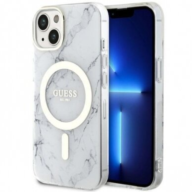 Dėklas Guess Marble MagSafe GUHMP14SPCUMAH iPhone 14 Baltas