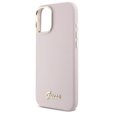 Dėklas Guess Silicone Script Metal Logo  Frame iPhone 16 Plus  - Rožinis 5