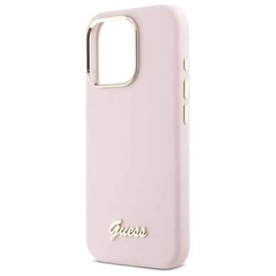 Dėklas Guess Silicone Script Metal Logo  Frame iPhone 16 Pro  - Rožinis 5