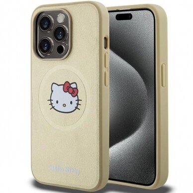 Dėklas Hello Kitty Leather Kitty Head MagSafe iPhone 15 Pro - Auksinis