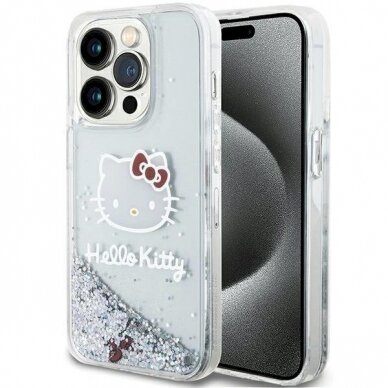 Dėklas Hello Kitty Liquid Glitter Charms Kitty Head iPhone 14 Pro Max - Sidabrinis