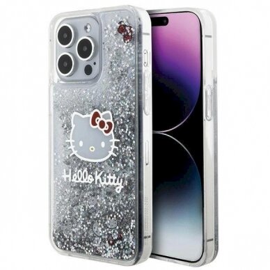 Dėklas Hello Kitty Liquid Glitter Charms Kitty Head iPhone 15 Pro Max - Sidabrinis