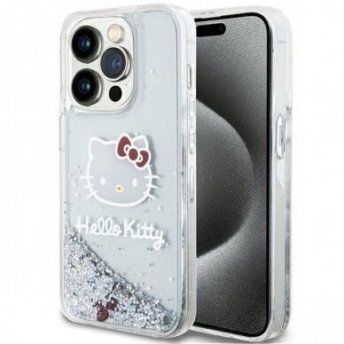 Dėklas Hello Kitty Liquid Glitter Charms Kitty Head iPhone 15 Pro - Sidabrinis