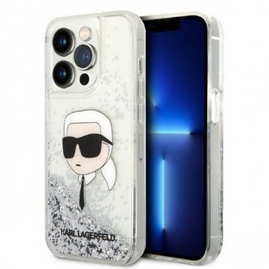 Dėklas Karl Lagerfeld Glitter Karl Head KLHCP14LLNKHCH iPhone 14 Pro Sidabrinis