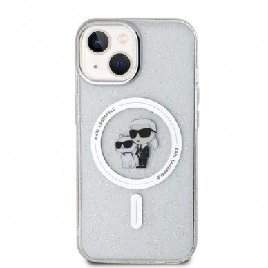 Dėklas Karl Lagerfeld Karl&Choupette Glitter MagSafe case for iPhone 15 Plus Permatomas 2