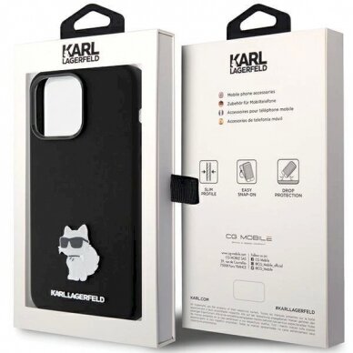 Dėklas Karl Lagerfeld KLHCP15XSMHCNPK iPhone 15 Pro Max 6.7" Juodas Silicone Choupette Metal Pin 7