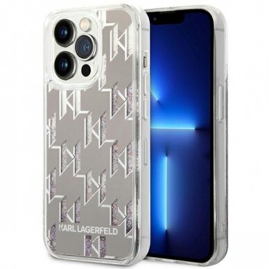 Dėklas Karl Lagerfeld Liquid Glitter Monogram KLHCP14XLMNMS iPhone 14 Pro Max Sidabrinis