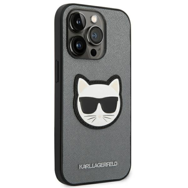 Dėklas Karl Lagerfeld Saffiano Choupette Head Patch KLHCP14LSAPCHG iPhone 14 Pro Sidabrinis 3