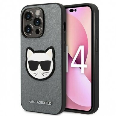 Dėklas Karl Lagerfeld Saffiano Choupette Head Patch KLHCP14LSAPCHG iPhone 14 Pro Sidabrinis